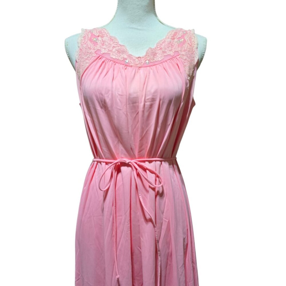 Vtg Shadowline Pink Sleeveless Nightgown Sz Med Lace Floral Detail & Waist Tie